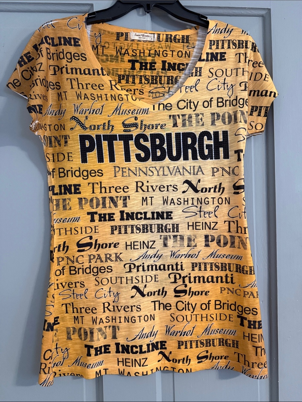 Pittsburgh Graphic Scoop Neck Tee with Rhinestones- Yellow